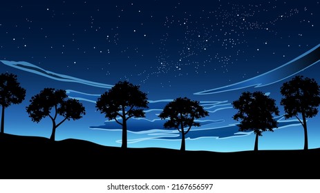 Tree silhouette night landscape background with clouds and stars