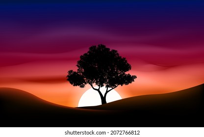 Tree silhouette on red sky sunset or sunrise