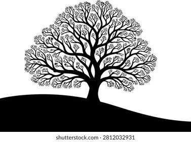 Tree silhouette on a rolling grassy hill in black and white vector