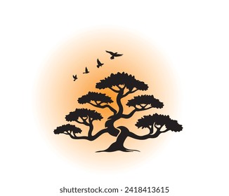 Tree silhouette on sunset with flying birds, vector illustration. Beautiful sunset in nature drawing. Wall artwork, artistic poster design 