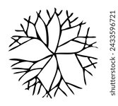 Tree silhouette on white background. Architectural symbol of tree in base layout. Simple urban design logo of tree trunk. Freehand drawing of the plants in top view in sketchy style.