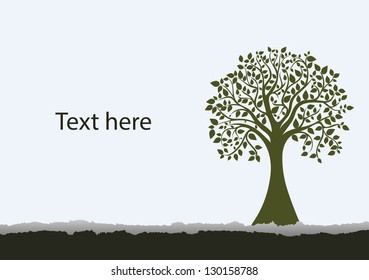 Tree silhouette on white background and torn paper