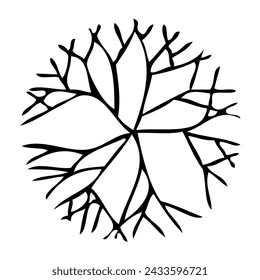 Tree silhouette on white background. Architectural symbol of tree in base layout. Simple urban design logo of tree trunk. Freehand drawing of the plants in top view in sketchy style.