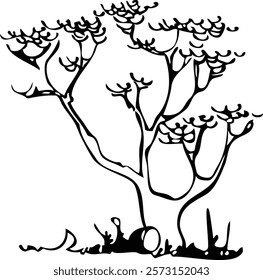 Tree silhouette on white background. Architectural symbol of tree in base layout. Simple urban design logo of tree trunk. Freehand drawing of the plants in top view in sketchy style