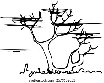 Tree silhouette on white background. Architectural symbol of tree in base layout. Simple urban design logo of tree trunk. Freehand drawing of the plants in top view in sketchy style