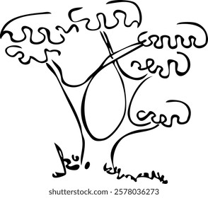 Tree silhouette on white background. Architectural symbol of tree in base layout. Simple urban design logo of tree trunk. Freehand drawing of the plants in top view in sketchy style. Top and front vie