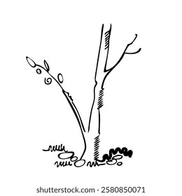 Tree silhouette on white background. Architectural symbol of tree in base layout. Simple urban design logo of tree trunk. Freehand drawing of the plants in top view in sketchy style.