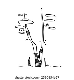 Tree silhouette on white background. Architectural symbol of tree in base layout. Simple urban design logo of tree trunk. Freehand drawing of the plants in top view in sketchy style.