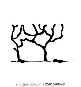 Tree silhouette on white background. Architectural symbol of tree in base layout. Simple urban design logo of tree trunk. Freehand drawing of the plants in top view in sketchy style