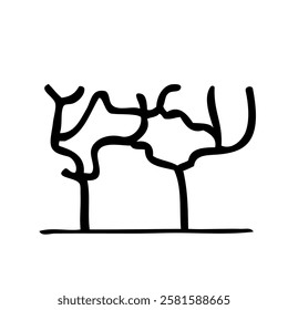 Tree silhouette on white background. Architectural symbol of tree in base layout. Simple urban design logo of tree trunk. Freehand drawing of the plants in top view in sketchy style