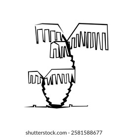 Tree silhouette on white background. Architectural symbol of tree in base layout. Simple urban design logo of tree trunk. Freehand drawing of the plants in top view in sketchy style