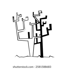 Tree silhouette on white background. Architectural symbol of tree in base layout. Simple urban design logo of tree trunk. Freehand drawing of the plants in top view in sketchy style