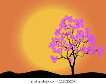 Tree silhouette with pink flowers