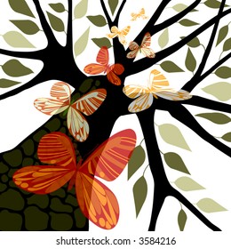 Tree silhouette with red, orange, green butterflies & green leaves, white background, vector illustration, eps10