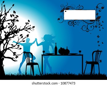 Tree silhouette, romantic dinner, couple, frame for your text