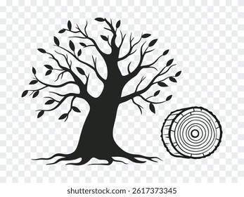 Tree silhouette with roots and leaves alongside a wood log cross-section, symbolizing growth, nature, and forestry, perfect for eco, timber, seasonal, or environmental design themes.
