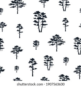 Tree silhouette seamless pattern. Vector isoleted background with hand drawn forest wood. Conifer texture for fabric.