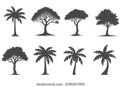 tree silhouette set, diverse plant icons, nature graphics collection