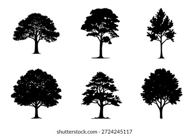 Baum-Silhouette-Set einzeln auf weißem Hintergrund für Naturlandschaft und Umweltdesign.