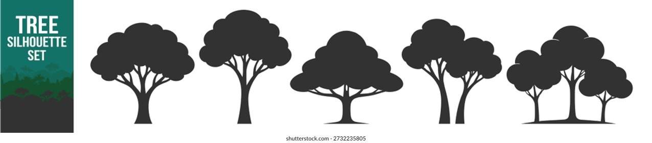 Conjunto de silhueta de árvore, Bege bétula olmo álamo salgueiro floresta vetor ilustração, paisagem de natureza floresta, preto isolado design cartaz imprimível em fundo transparente
