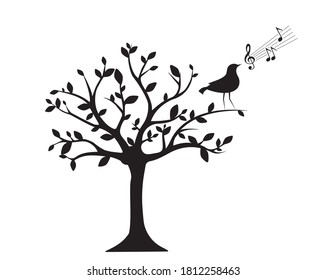 Tree silhouette and singing bird, vector. Bird on tree, illustration. Tree silhouette isolated on white background. Wall decals, wall art, artwork, poster design, metal art