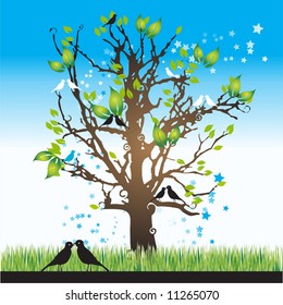Tree silhouette spring, birds, vector illustration