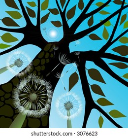 Tree silhouette with summer leaves and dandelions against light green sky, vector illustration