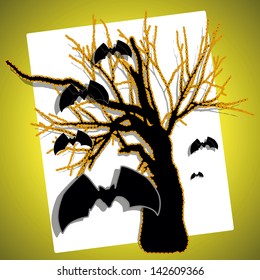 tree silhouette surrounded by orange dotted lines bats, degrade yellow background