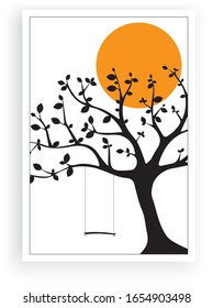 Tree silhouette with a swing on sunset, vector. Wall art, artwork, wall decals isolated on white background. Scandinavian minimalist poster design