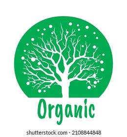 Tree silhouette symbol in green round.