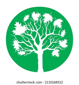 Tree silhouette symbol in green round.