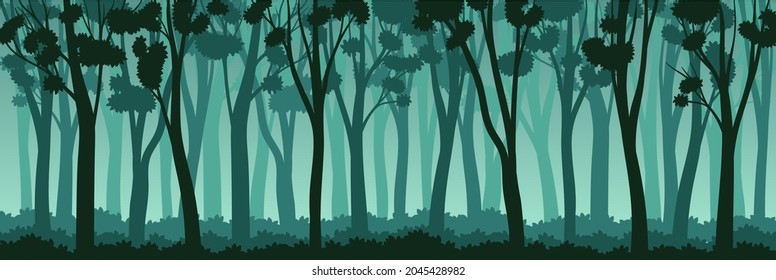 Tree Silhouette with Tall Trunk and Branched Top as Misty Forest Horizontal Backdrop Vector Illustration