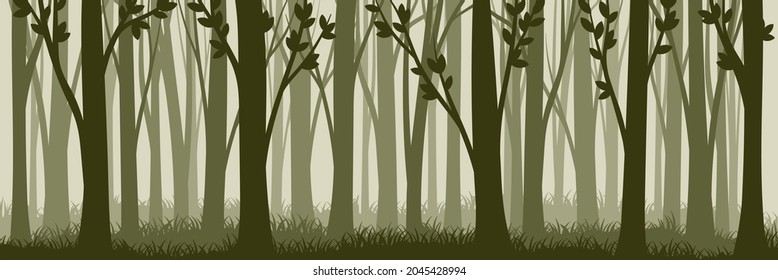 Tree Silhouette with Tall Trunk and Branched Top as Misty Forest Horizontal Backdrop Vector Illustration