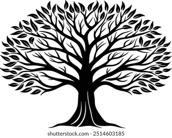 Tree silhouette vector black, white background