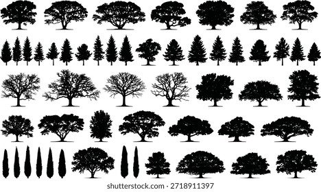 Colección del Vector de la silueta del árbol, iconos botánicos negros, Formas del follaje del bosque, sistema de la ilustración de la naturaleza, Elementos de diseño del paisaje, Paquete estacional del Clipart del árbol