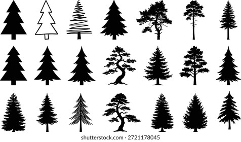 Colección de Vector de silueta de árbol, coníferas y formas de bonsái, íconos de naturaleza negra, tema de bosque, ilustración botánica, gráficos de diseño paisajístico