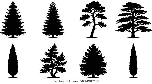 Tree silhouette vector collection featuring evergreen, columnar, and irregular branching forms for landscape and creative design