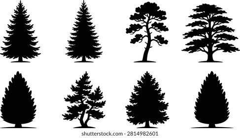 Tree silhouette vector collection featuring diverse coniferous and broadleaf species for landscape design and creative artwork