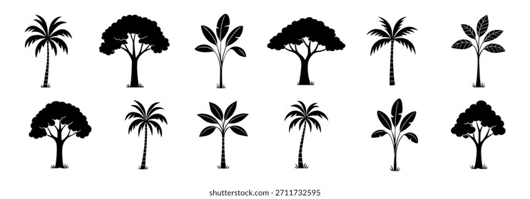 Tree silhouette vector collection with forest and nature foliage icons simple black isolated tree shapes for architecture and landscape design on transparent background