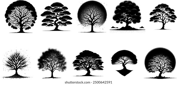 Tree silhouette vector illustration collection.isolated forest plant nature element leaf wood natural oak symbol landscape black white outline drawing art graphic design set