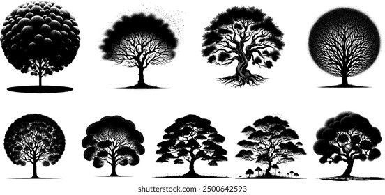 Tree silhouette vector illustration collection.isolated forest plant nature element leaf wood natural oak symbol landscape black white outline drawing art graphic design set