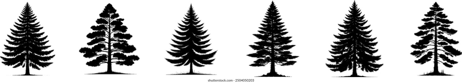 Tree silhouette vector illustration collection.isolated forest plant nature element leaf wood natural oak symbol landscape black white outline drawing art graphic design set