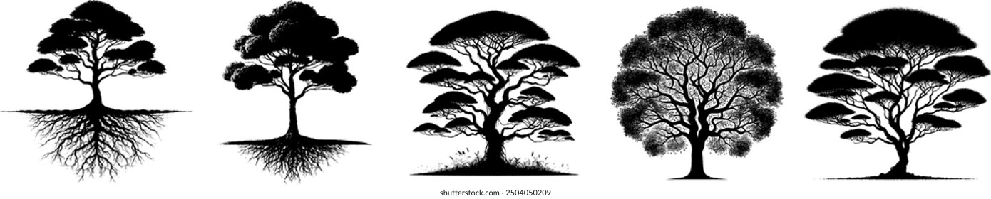 Tree silhouette vector illustration collection.isolated forest plant nature element leaf wood natural oak symbol landscape black white outline drawing art graphic design set