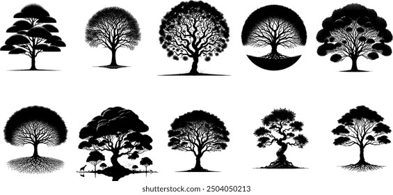 Tree silhouette vector illustration collection.isolated forest plant nature element leaf wood natural oak symbol landscape black white outline drawing art graphic design set