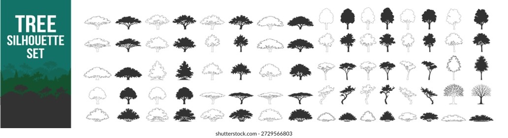 Tree silhouette vector illustration with forest foliage nature plant greenery landscape oak pine palm deciduous conifer canopy ecology wild botanical scenic environment on transparent background
