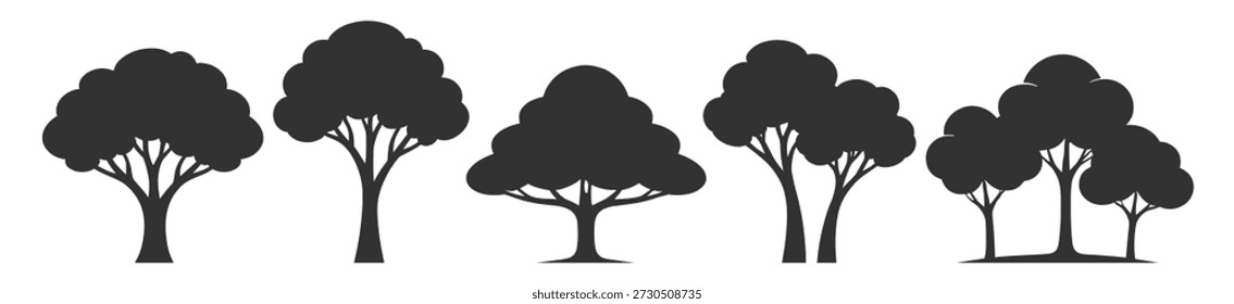 Tree silhouette vector illustration with forest foliage nature plant greenery landscape oak pine palm deciduous conifer canopy ecology wild botanical scenic environment on transparent background
