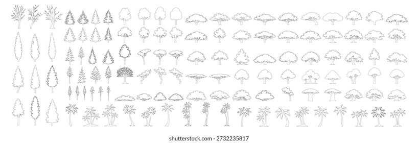 Silhueta árvore vetor ilustração com folhagem de floresta natureza planta verde paisagem carvalho pinheiro palmeira conífera decídua copa ecologia selvagem botânica ambiente cênico em fundo transparente
