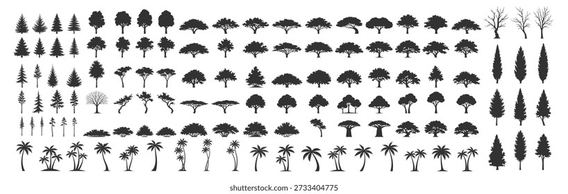 Silhueta árvore vetor ilustração com folhagem de floresta natureza planta verde paisagem carvalho pinheiro palmeira conífera decídua copa ecologia selvagem botânica ambiente cênico em fundo transparente
