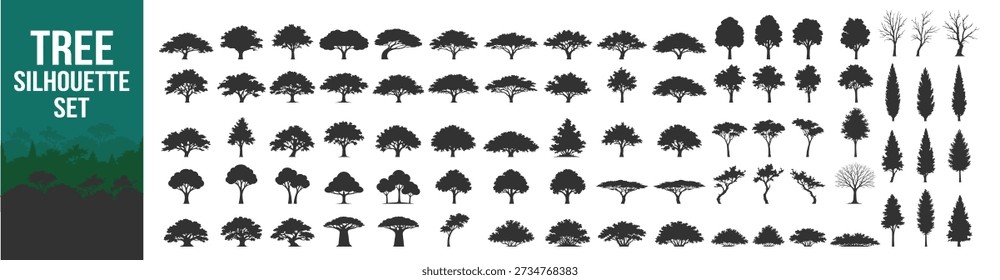 Tree silhouette vector illustration with forest foliage nature plant greenery landscape oak pine palm deciduous conifer canopy ecology wild botanical scenic environment on transparent background
