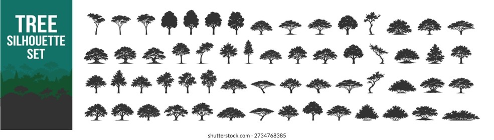 Tree silhouette vector illustration with forest foliage nature plant greenery landscape oak pine palm deciduous conifer canopy ecology wild botanical scenic environment on transparent background
